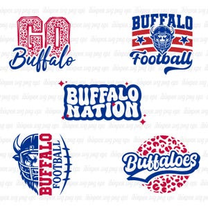 May include: A collection of graphic designs featuring the words "Go Buffalo", "Buffalo Football", "Buffalo Nation", and "Buffaloes". The designs use red, white, and blue colors, with some incorporating a leopard print pattern.