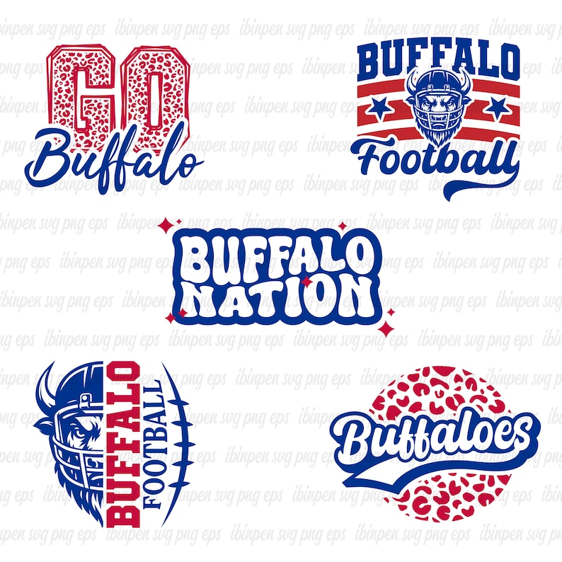 May include: A collection of graphic designs featuring the words "Go Buffalo", "Buffalo Football", "Buffalo Nation", and "Buffaloes". The designs use red, white, and blue colors, with some incorporating a leopard print pattern.