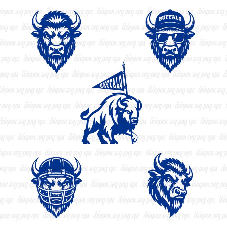 May include: A collection of blue buffalo illustrations. The images include buffalo heads, a buffalo wearing sunglasses and a hat with the word "BUFFALO", and a buffalo with a flag that says "BUFFALO".
