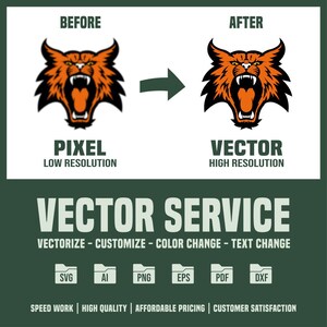 May include: Before and after image showing a vectorization service. The image on the left is a pixelated image of a roaring orange and black wildcat. The image on the right is a vectorized image of the same wildcat. The text below the images reads "Pixel Low Resolution" and "Vector High Resolution". The text below the images reads "Vector Service Vectorize - Customize - Color Change - Text Change". Below the text are icons for SVG, AI, PNG, EPS, PDF, and DXF file formats. The text below the icons reads "Speed Work | High Quality | Affordable Pricing | Customer Satisfaction".