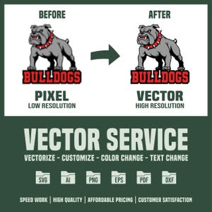 May include: A before and after image showcasing a vectorization service. The image on the left displays a pixelated bulldog mascot logo with the text "Bulldogs" underneath. The image on the right shows a high-resolution vector version of the same bulldog mascot logo with the text "Bulldogs" underneath. The text "Vector Service" is displayed in large letters at the bottom of the image. Below the text are the words "Vectorize - Customize - Colour Change - Text Change". Below that are icons for SVG, AI, PNG, EPS, PDF, and DXF file formats. The text "Speed Work | High Quality | Affordable Pricing | Customer Satisfaction" is displayed at the bottom of the image.