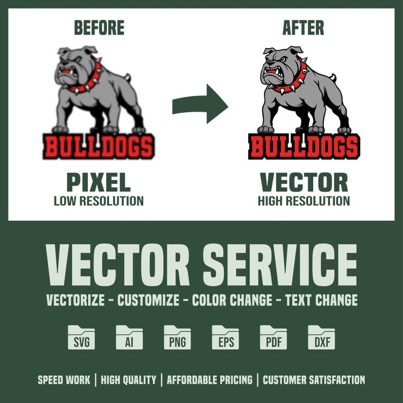 May include: Before and after image showing a vectorization service. The image on the left shows a pixelated bulldog mascot logo with the text "Bulldogs" below. The image on the right shows a high-resolution vector version of the same bulldog mascot logo with the text "Bulldogs" below. The text "Vector Service" is displayed in large letters at the bottom of the image. Below the text are the words "Vectorize - Customize - Color Change - Text Change". Below that are icons for SVG, AI, PNG, EPS, PDF, and DXF file formats. The text "Speed Work | High Quality | Affordable Pricing | Customer Satisfaction" is displayed at the bottom of the image.