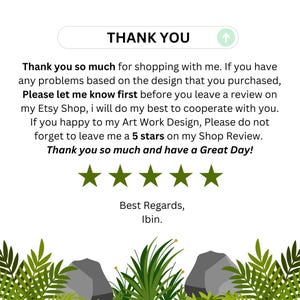 May include: A white graphic with the words "THANK YOU" and a green upward arrow. The text thanks the customer for shopping and requests a 5-star review. Green stars and foliage are also present.