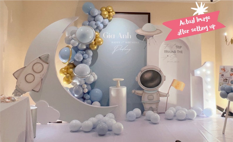 EDITABLE Astronaut birthday backdrop, Canva Digital Mockup, Astronaut and Space Digital Print, Event Planner Mockup DIY Printable Backdrop zdjęcie 2