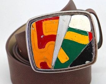 Grand Belt Buckle #5 Modern Art License Plate Metal Mosaic Rustic Urban Industrial Reclaimed Green Red Yellow