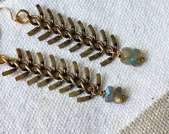 Long Earrings , Fish Tail, Fish Bone, Herringbone, Antiqued Bronze Gold Metal Chain Drop  with Faceted Labradorite Gem Stones