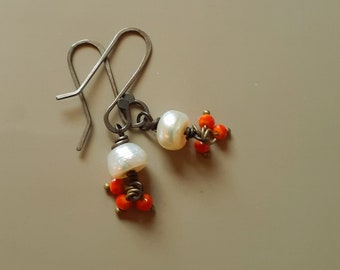 Single Pearl Earrings on Blackened Sterling Silver Artisan Ear Wires with Faceted Orange Micro Faceted Glass Beads