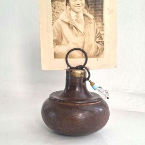 Upcycled Antique Doorknob Photo Stand: Bronze Brown Metal with Crystal Nugget