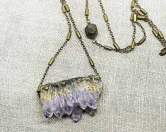Purple Quartz Crystals Specimen Long Necklace Antiqued Vintage Brass Chain with Labradorite Bead No Clasp