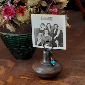 Antique Salvage Doorknob Stand Picture Frame Upcycled Bronze Copper Metal with Faceted Glass Trade Bead
