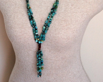 GenuineTurquoise Statement Necklace Stone Tassel One Of A Kind Heirloom Jewelry Unique Leather Wrapping No Catch