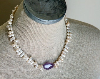 Pearl Amethyst Quartz Statement Necklace with Large Faceted Purple Quartz Double Pearls Pearl Toggle Closure