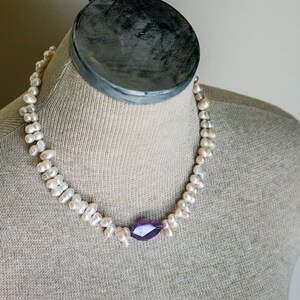 Pearl Amethyst Quartz Statement Necklace with Large Faceted Purple Quartz Double Pearls Pearl Toggle Closure image 1