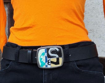 Upcycled License Plate Buckle: Rustic Metal Mosaic Belt  display picture 3