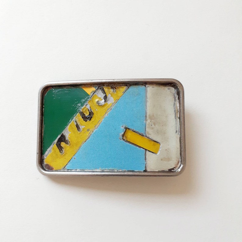 License Plate Belt Buckle Handmade Metal Mosaic Vintage Recycled Industrial Urban Rustic For Men or Women One of A Kind Yellow Stitch Blue G image 2