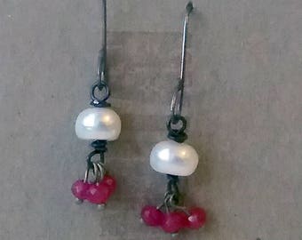 Single Pearl Earrings on Blackened Sterling Silver Artisan Ear Wires with Faceted Pink Chalcedony Drops