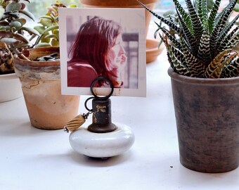 Antique Salvage Doorknob Photo Table Number Memento Holder Display Stand Glazed White Ceramic Carved Bone Drop