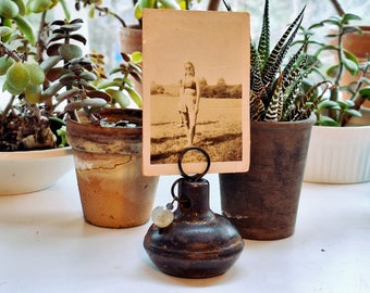 Antique Salvage Doorknob Picture Photo Display Stand Table Number Holder Weathered Tarnished Brass Faceted Lumpy Agate