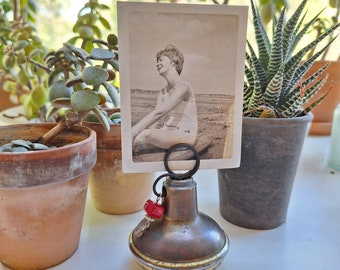 Picture Frame Stand Antique Door Knob Photo Display Stand, Mementos Photographs Postcards, Tarnished Brass Red Coral Bead