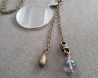 Vintage Optician Lens Long Necklace With Flourite