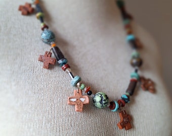 Urban Primitive Turquoise Necklace Handmade Ceramic Crosses with Imbedded Street Glass Symbolic Gemstones Bone Statement Jewelry