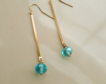 Earrings Polished Brass Faceted Drop Bright Blue Crystal Modern Tri Corner Bar Clean Lines Under 20
