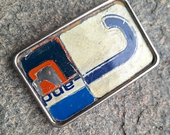 Belt Buckle Vintage License Plate Mosaic Blue Letters Orange Cream Distressed Unisex Fashion Recycled Art