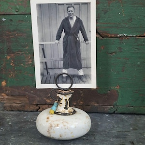 Antique Doorknob Photo Stand: Salvaged Glazed White Ceramic with Vintage Glass Beads