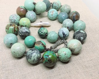 Rustic, Graduated Turquoise Bead Necklace with Show-Off Stick Pearl & Loop Toggle Closure, Vintage Turquoise, Hand Knotted Brown Linen Cord