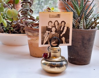 Photo Display Picture Frame Antique Door Knob Stand For Photos, Ephemera, Shabby Chic, Reclaimed Recycled, Brass, Red Glass Bead