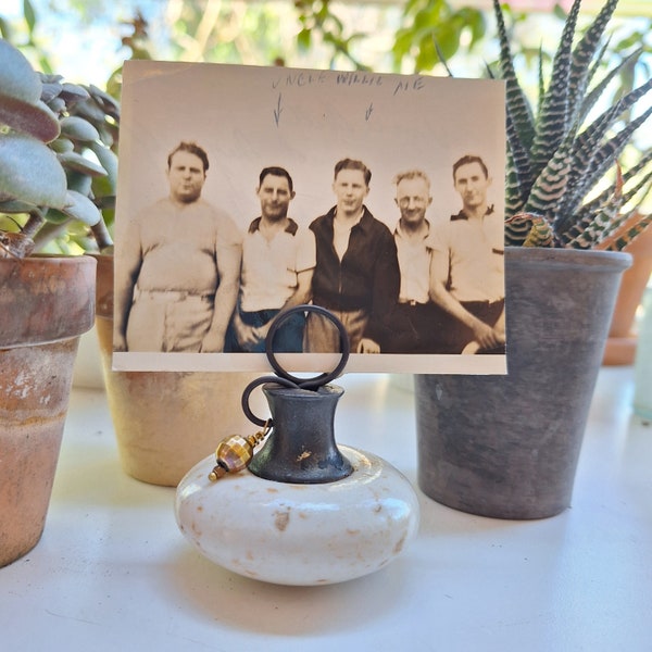 Picture Photo Frame Antique Doorknob Stand, Place Cards, Tabletop, Home Decor, White Glazed Ceramic with Faceted Gold Ball Bead