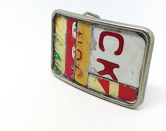 Belt Buckle Vintage License Plate Mosaic Red Mustard Cream White CK Unisex Fashion Recycled Art