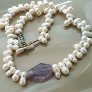 Pearl Amethyst Quartz Statement Necklace with Large Faceted Purple Quartz Double Pearls Pearl Toggle Closure image 2