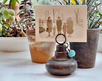 Antique Picture Frame Stand Door Knob Photo Display Mementos Photographs Ephemera Postcards Tabletop Dark Brass Turquoise Seed Bead Ball