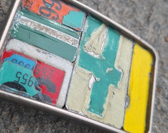 Belt Buckle Vintage License Plate Mosaic Green Yellow Cream Numbers Unisex Fashion Recycled Art