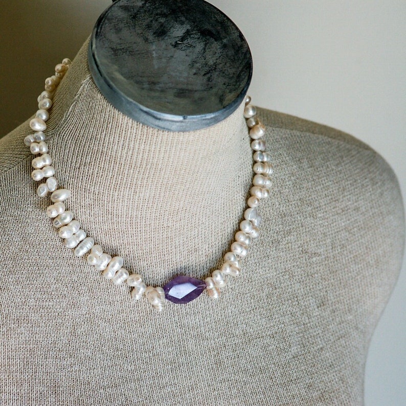 Pearl Amethyst Quartz Statement Necklace with Large Faceted Purple Quartz Double Pearls Pearl Toggle Closure image 1