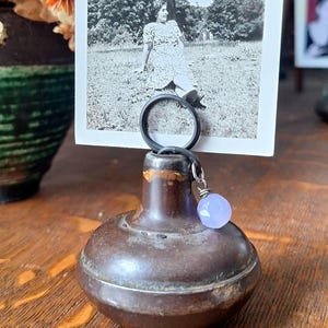 Antique Doorknob Photo Display Stand: Salvaged Bronze with Faceted Lavender Bead