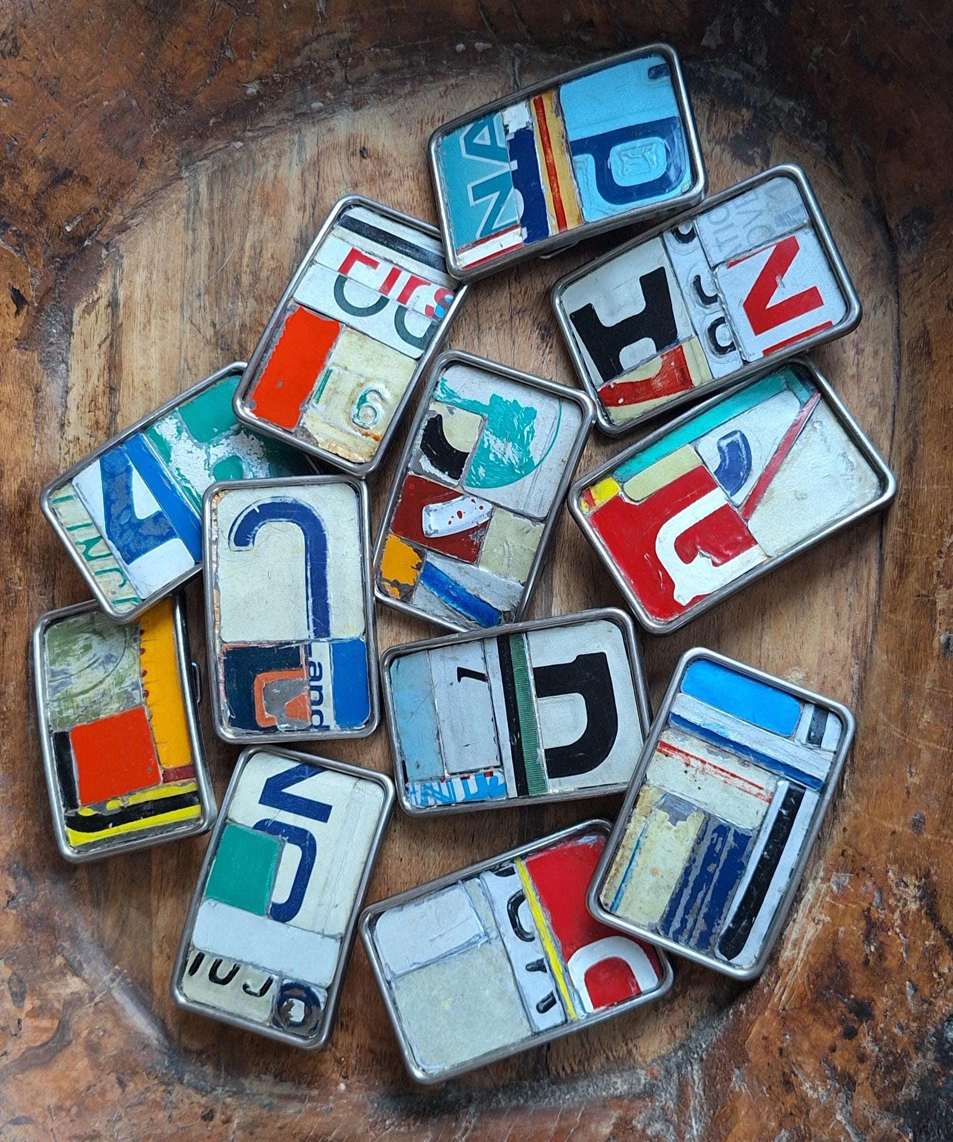 Handmade License Plate Belt Buckle: Upcycled Metal Mosaic 