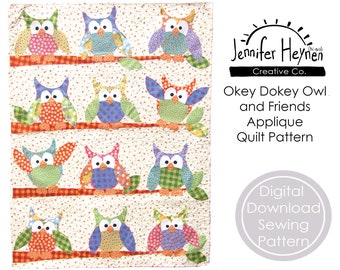PDF Owl Quilt Sewing Pattern - Okey Dokey and Friends Applique Quilt