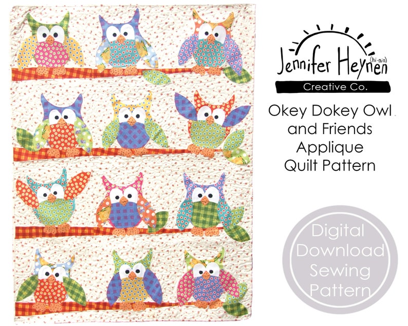 PDF Owl Quilt Sewing Pattern Okey Dokey and Friends Applique Quilt image 1