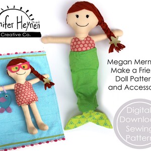 May include: A digital sewing pattern for a mermaid doll called Megan. The pattern includes instructions for making a doll, a towel, sunglasses, and a fish. The pattern is available as a digital download.