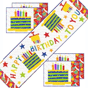 May include: A set of colorful birthday party decorations featuring a cake with candles, confetti, and the text "Happy Birthday to You".