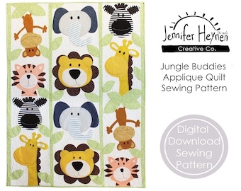 May include: A digital download sewing pattern for a jungle-themed applique quilt. The pattern features a variety of animals, including a lion, giraffe, tiger, elephant, and monkey. The pattern is available for instant download.