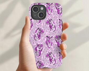 Seamless Purple Tiger Pattern Phone Case, Pink Background with Black Stripes, Stylish Protective Cover