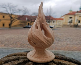 Remate de madera con forma de llama de fuego, poste de escalera de roble