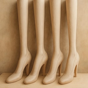 Può includere: Quattro stivali con tacco alto in legno con finitura beige chiaro sono esposti su una mensola di legno marrone chiaro. Gli stivali hanno un design classico con punta e tacchi a spillo. Lo sfondo è marrone chiaro.
