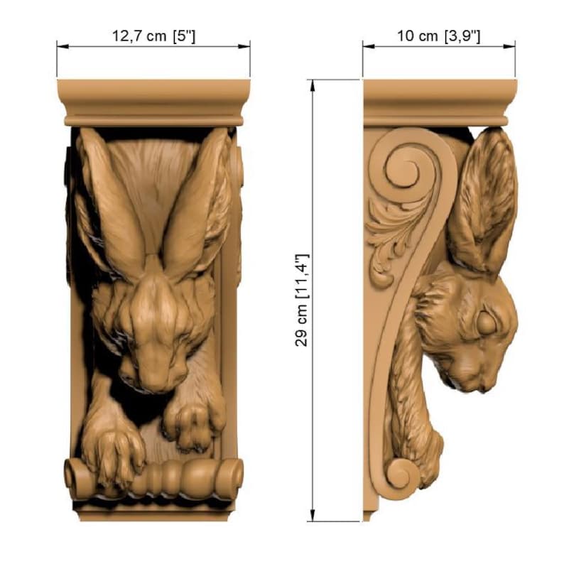 May include: Two decorative wooden corbels, each with a detailed rabbit design. The corbels are 29 cm tall, with one measuring 12.7 cm wide and the other 10 cm wide. The rabbit carvings are in a natural wood tone.