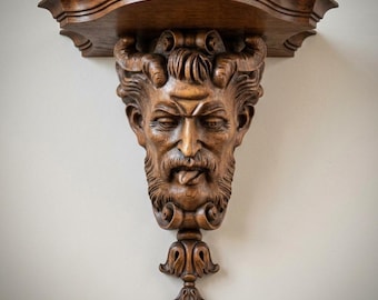 Gothic Satyr Corbel, dunkle Eiche Holz Schnitzerei, Fabelwesen Wandkunst. Der Preis gilt für einen Anhänger.
