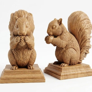 May include: Two wooden squirrel sculptures, one upright and one seated, each holding a nut. The squirrels are light brown and sit on matching wooden bases. The sculptures are detailed and realistic, perfect for home decor.