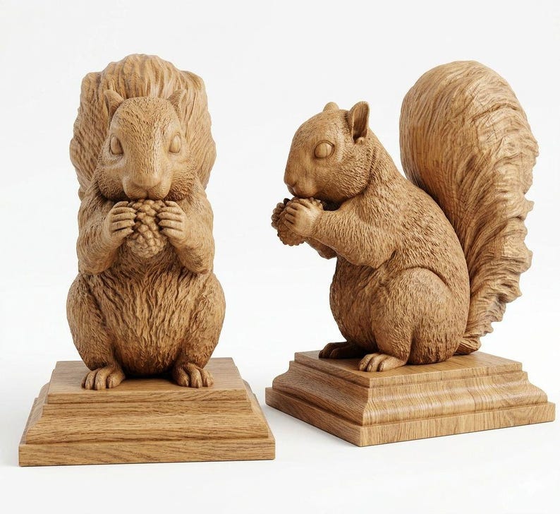 May include: Two wooden squirrel sculptures, one upright and one seated, each holding a nut. The squirrels are light brown and sit on matching wooden bases. The sculptures are detailed and realistic, perfect for home decor.